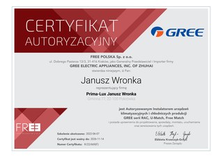 Certyfikat autoryzacyjny Gree - instalator RAC, U-Match, Free Match (ważny do 14.11.2026)