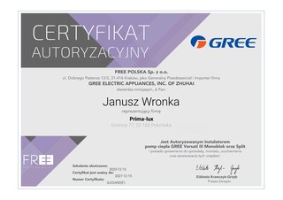 Certyfikat autoryzacyjny Gree - pompy ciepła Versati III (ważny do 15.12.2027)
