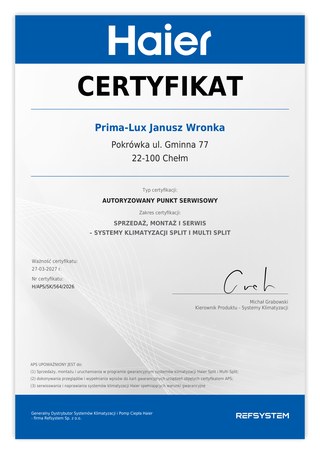 Certyfikat autoryzowanego punktu serwisowego Haier (ważny do 27.03.2027)